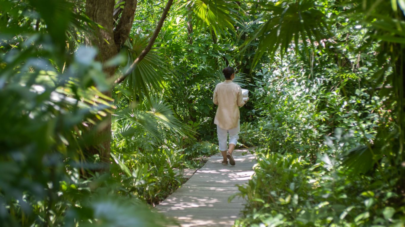 view from the pool to the lobby at rosewood mayakoba